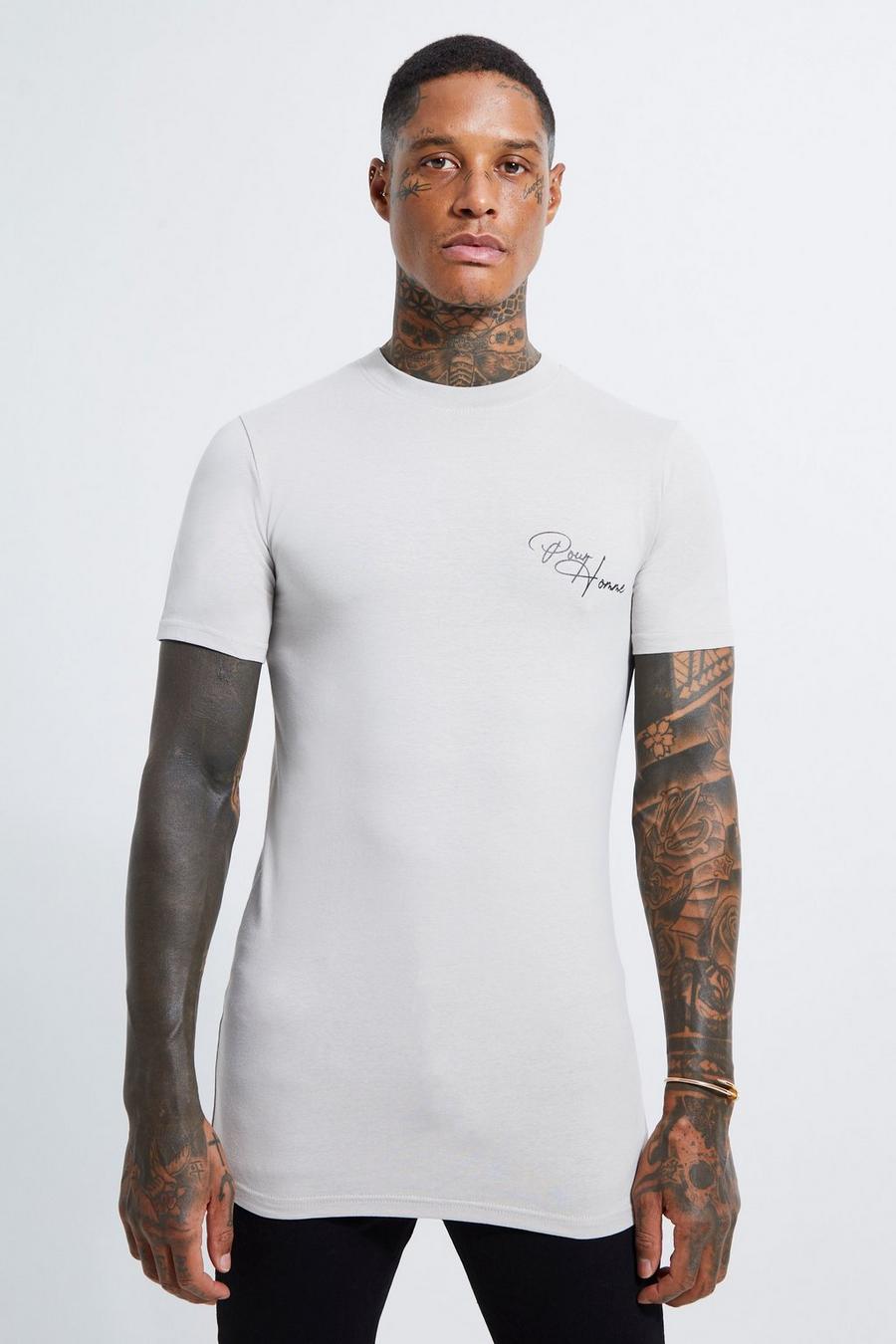 Dove grey Muscle Fit Longline Pour Homme Print T-shirt