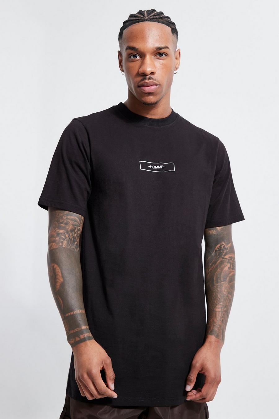 Black Long Line Homme T-Shirt Met Print image number 1