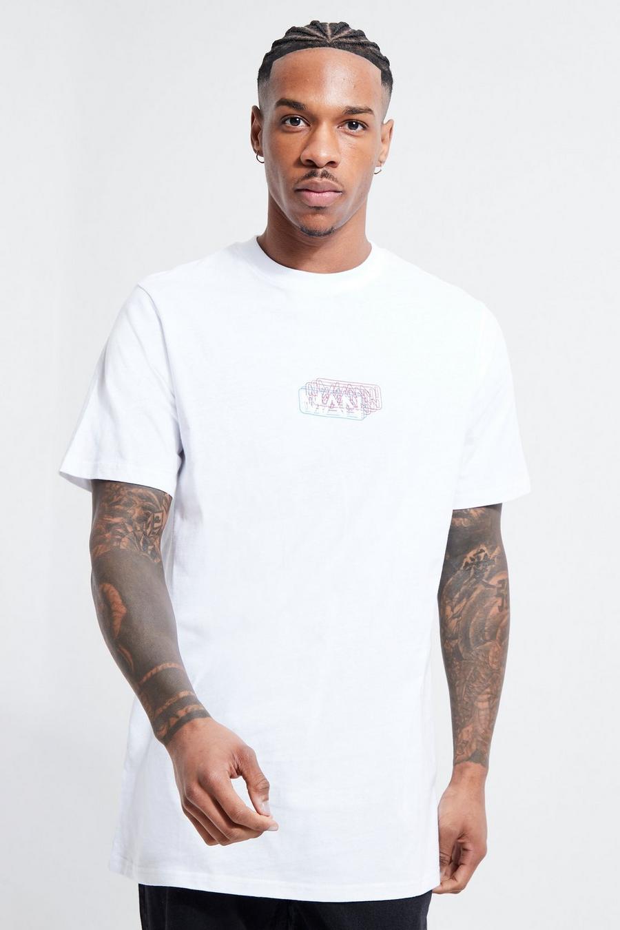 White Long Line Man T-Shirt Met Print