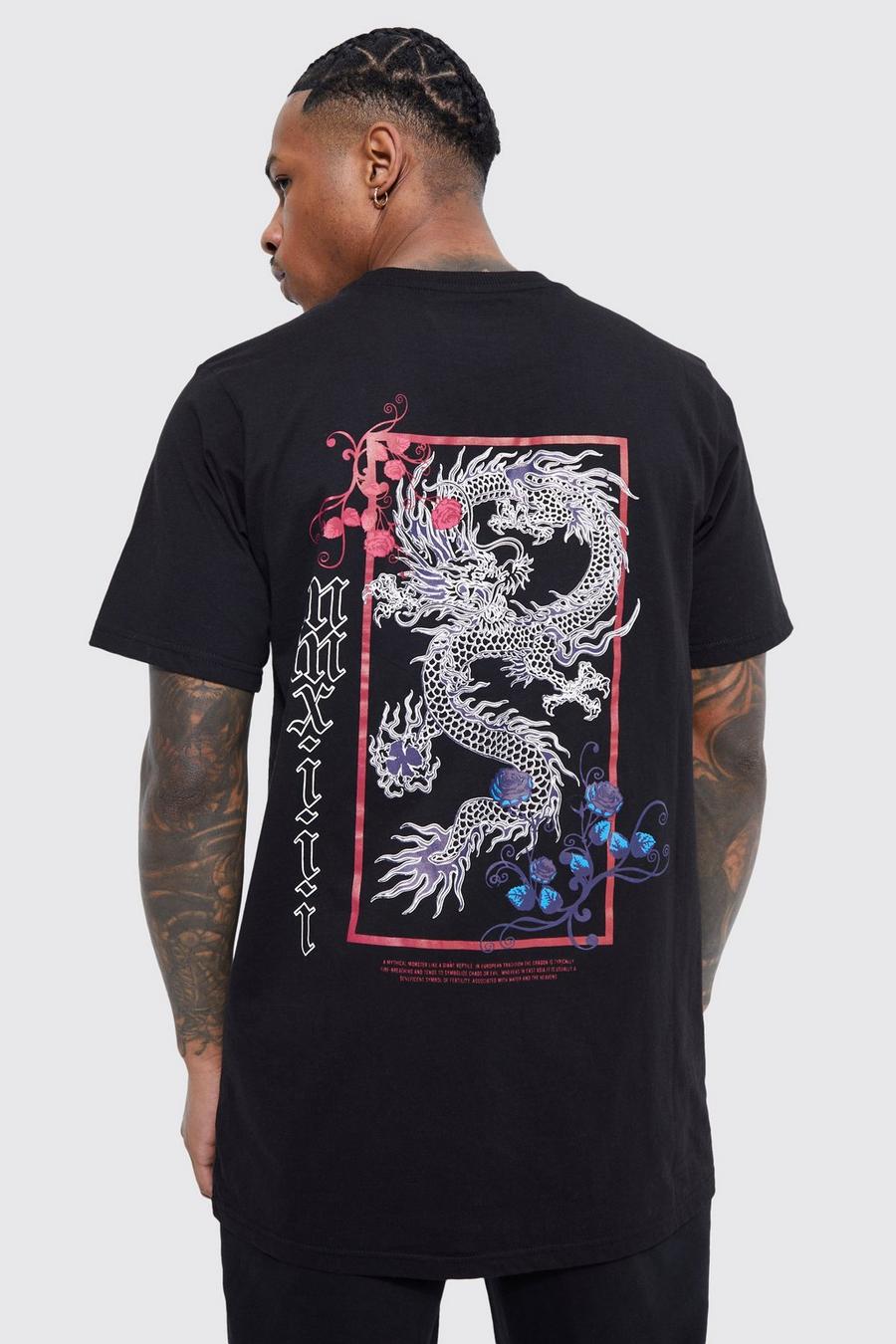 Black noir Long Line Dragon T-Shirt Met Print image number 1