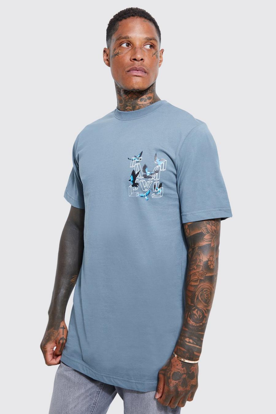 Slate blue Longline Dove Graphic T-Shirt