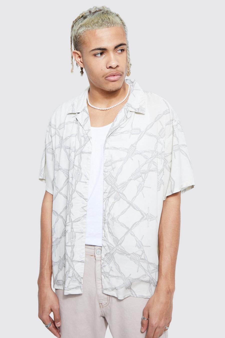 Camicia squadrata Tall in viscosa con filo spinato e rever, Ecru bianco image number 1