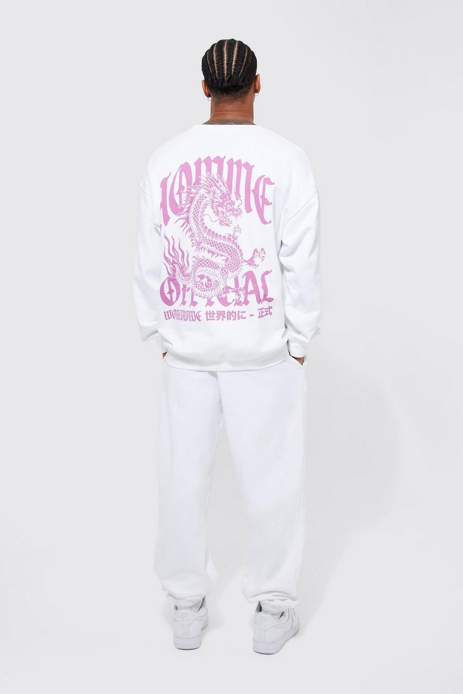 White Oversized Homme Dragon Sweatshirt Tracksuit image number 1