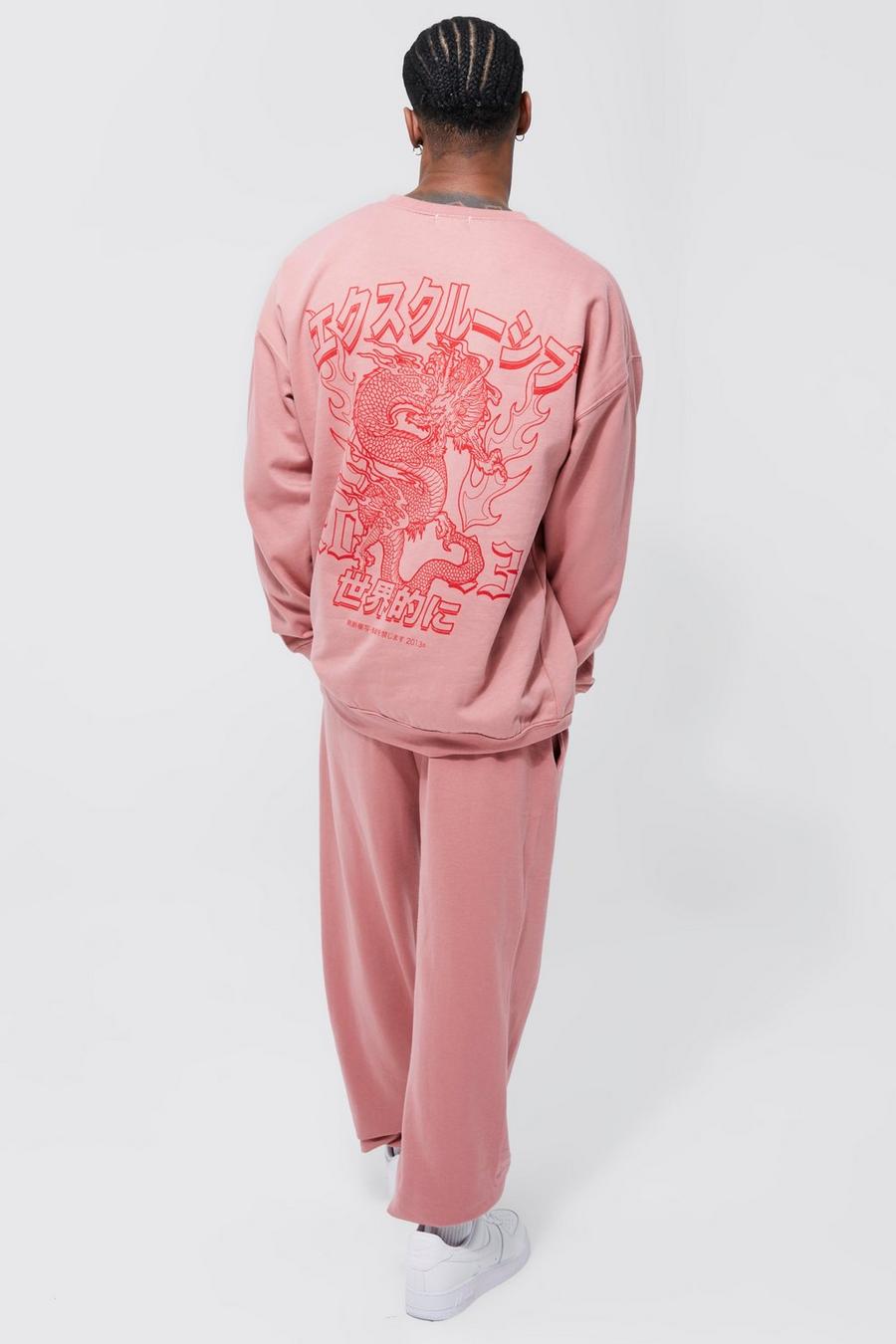 Oversized Dragon Print Sweatshirt Tracksuit, Pink image number 1