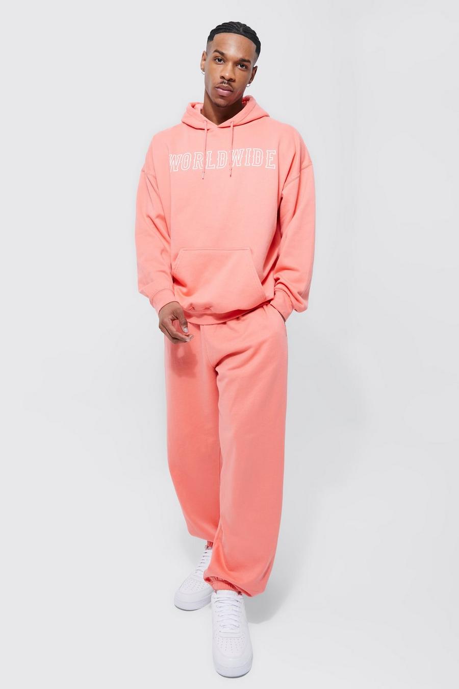 Oversized Worldwide Hooded Tracksuit, Coral image number 1