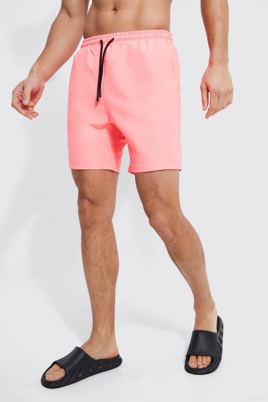 Neon-pink Tall Mid Length Plain Swim Shorts   image number 1