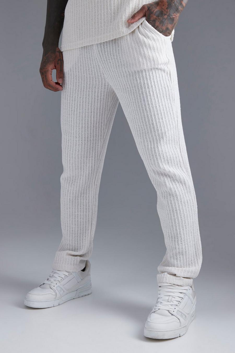 Pantalón deportivo texturizado ajustado con cintura elástica, Ecru image number 1