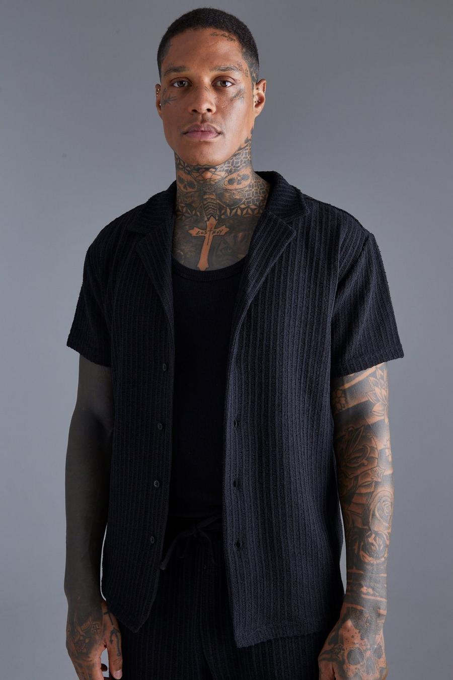 Black nero Short Sleeve Revere Textured Shirt