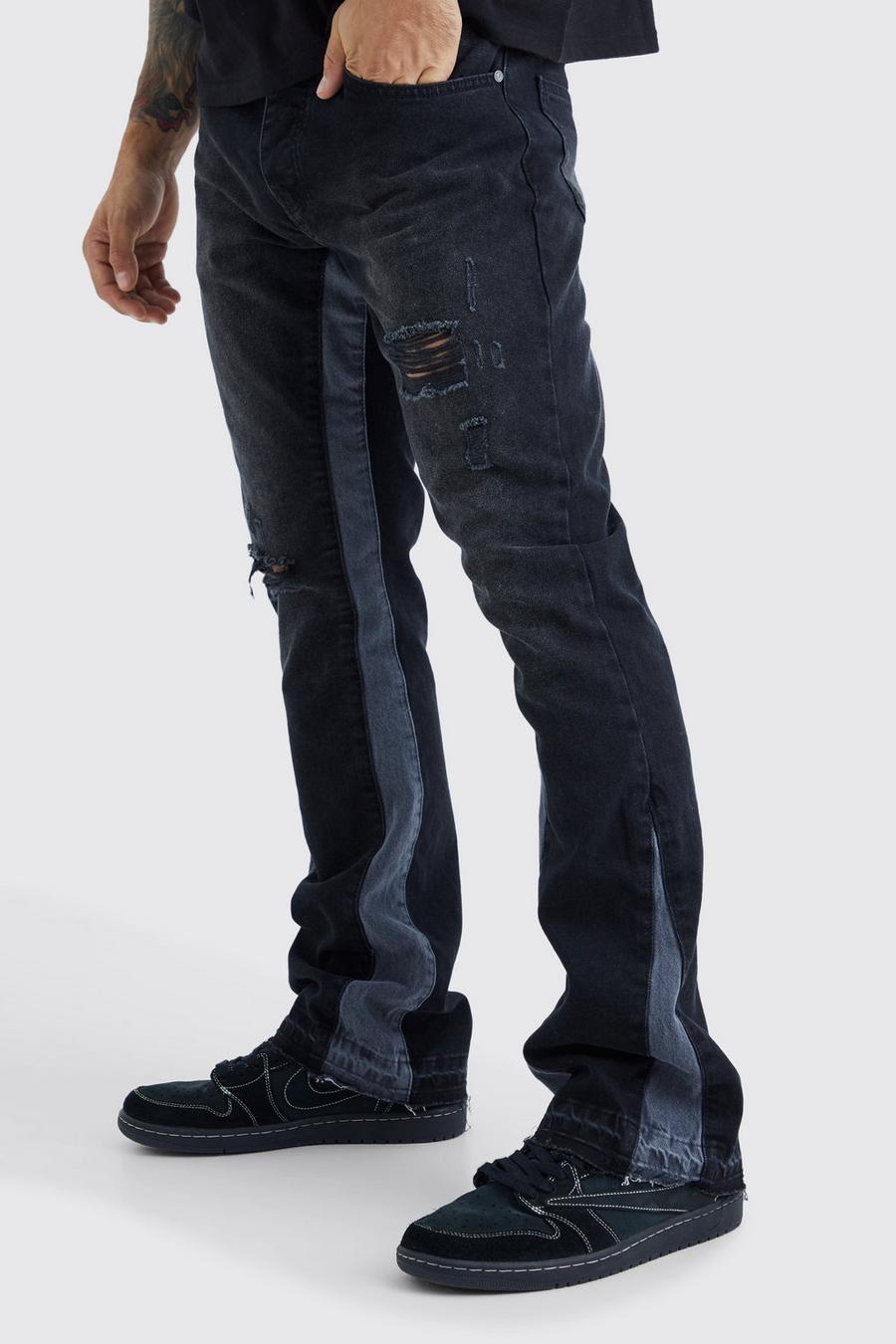 Black Slim Flare Distressed Panel Jeans image number 1