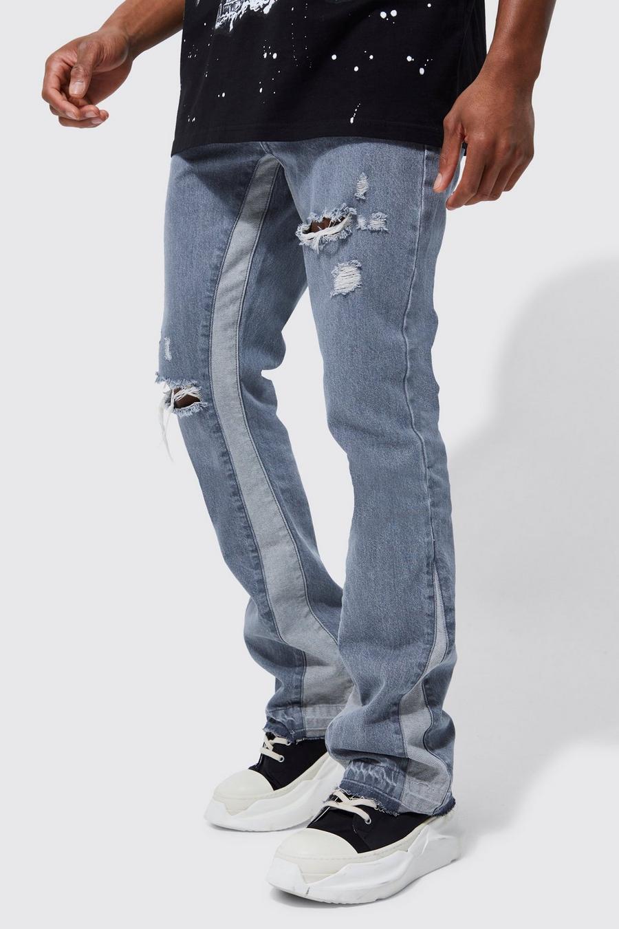 Light grey grigio Slim Flare Distressed Panel Jeans
