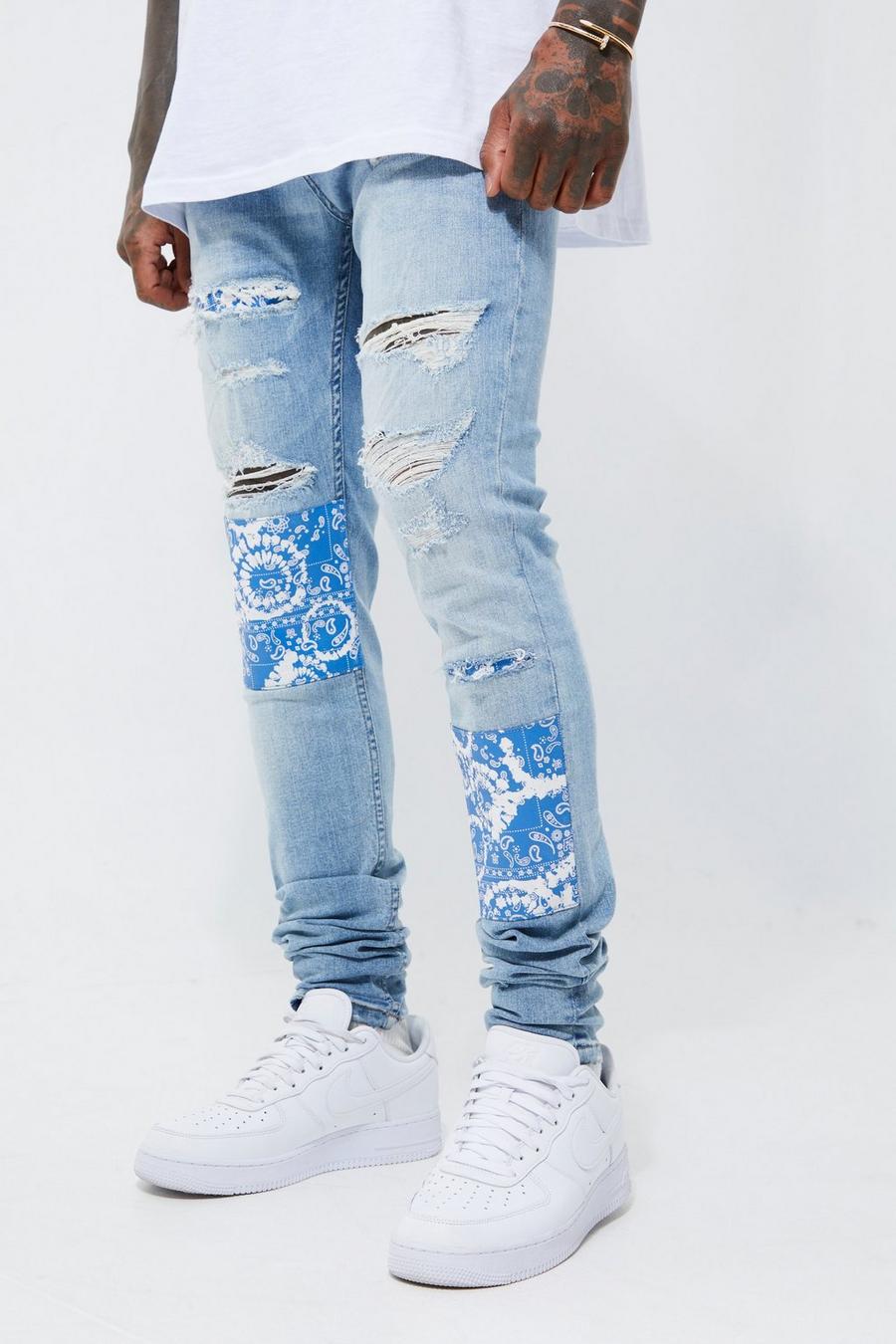 Ice blue Skinny Stacked Rip & Repair Bandana Jeans