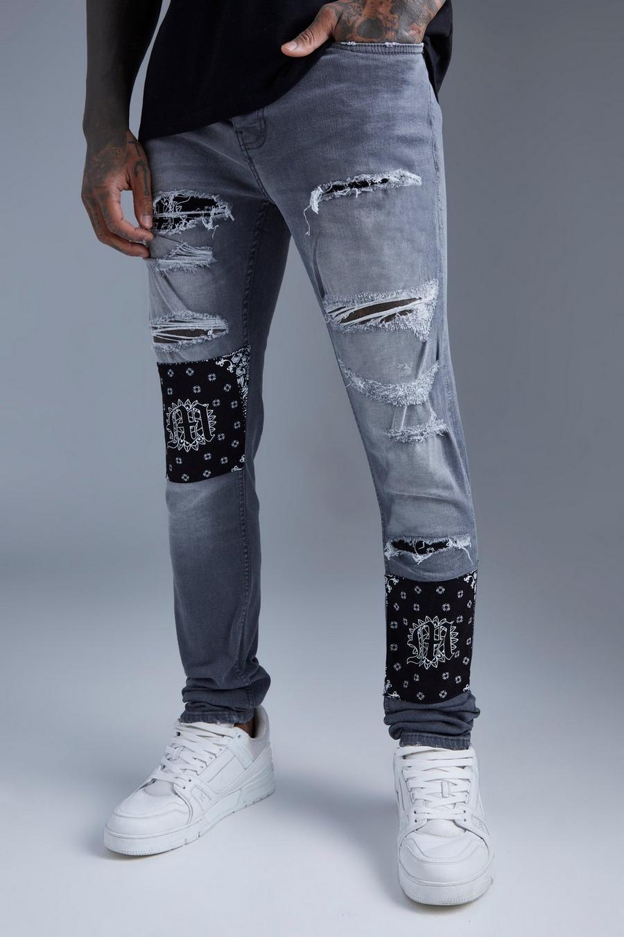 Light grey Skinny Stacked Rip & Repair Bandana Jeans image number 1