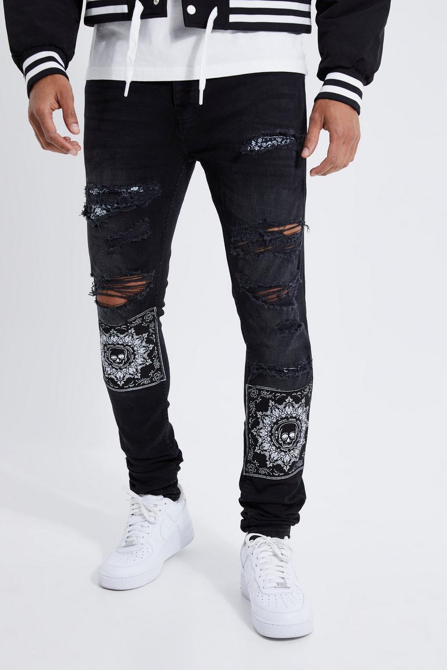 Washed black Skinny Stacked Rip & Repair Bandana Jeans image number 1