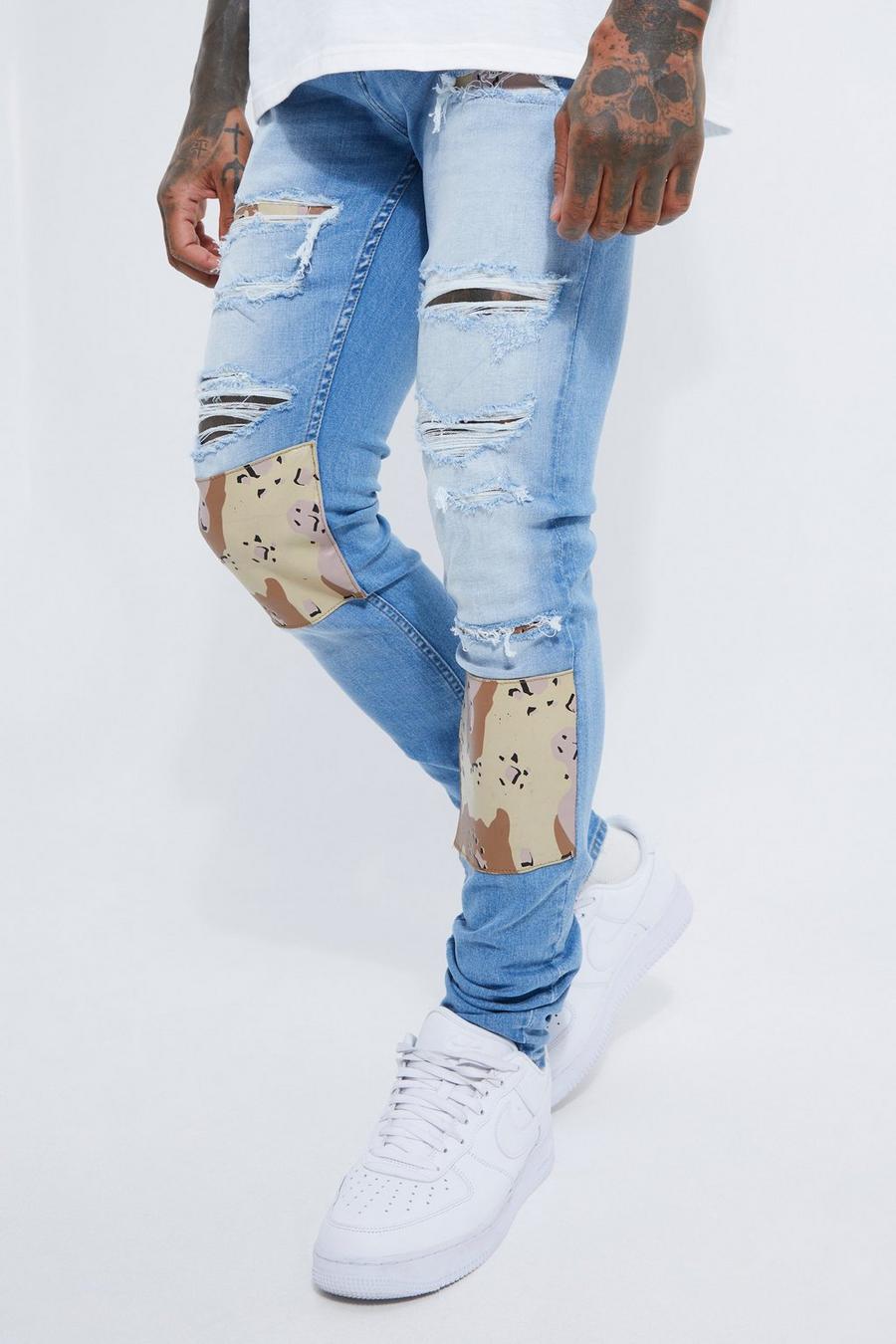Light blue Skinny Stacked Rip & Repair Camo Jeans image number 1
