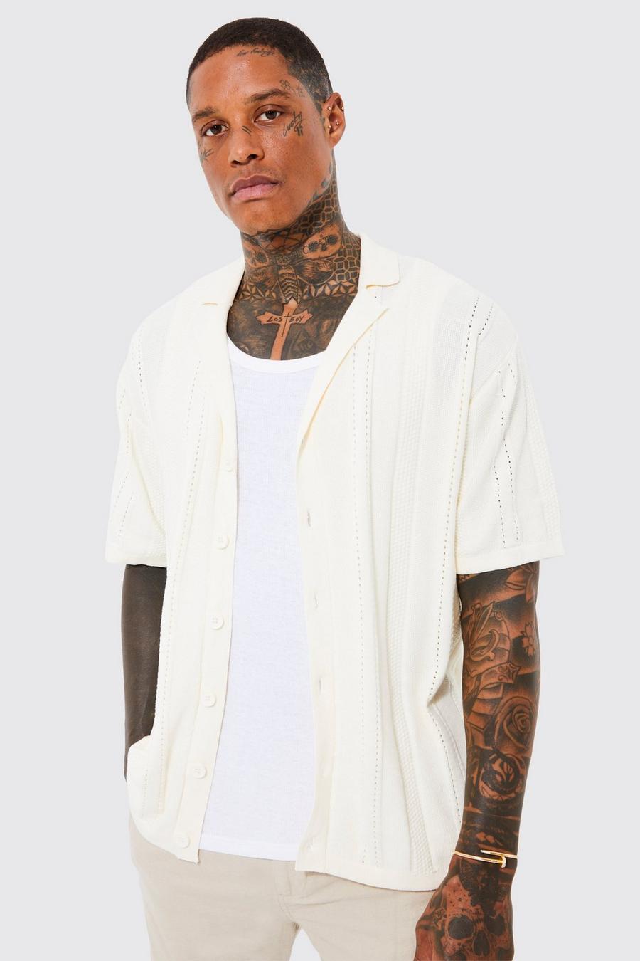 Ecru bianco Open Stripe Texture Revere Knitted Shirt