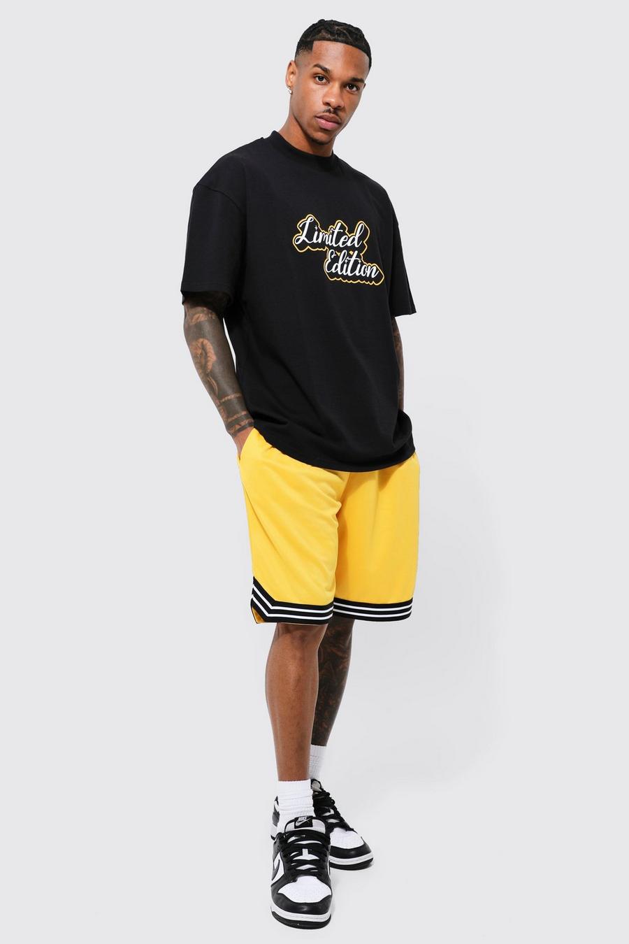Yellow Oversized Limited T-shirt And Mesh Short Set image number 1