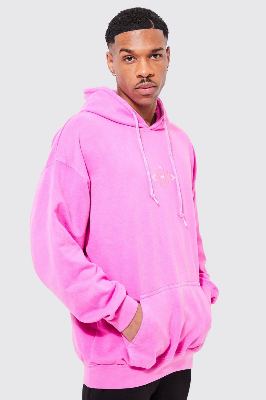 Bright pink Man Oversized Washed Hoodie image number 1