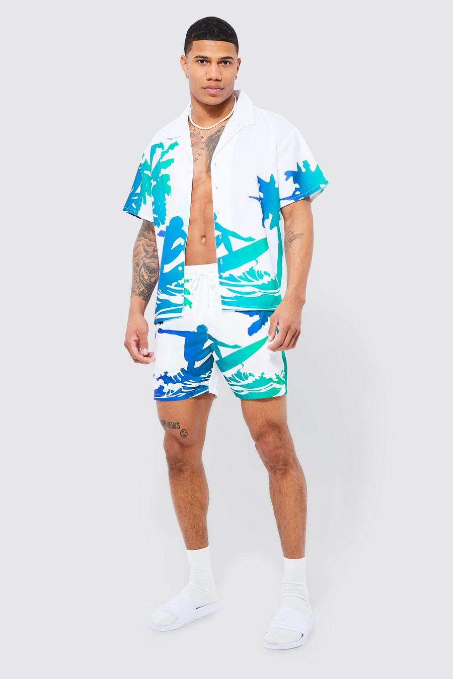 Boxy Slub Graphic Surf Print Shirt & Swim Set, White blanco