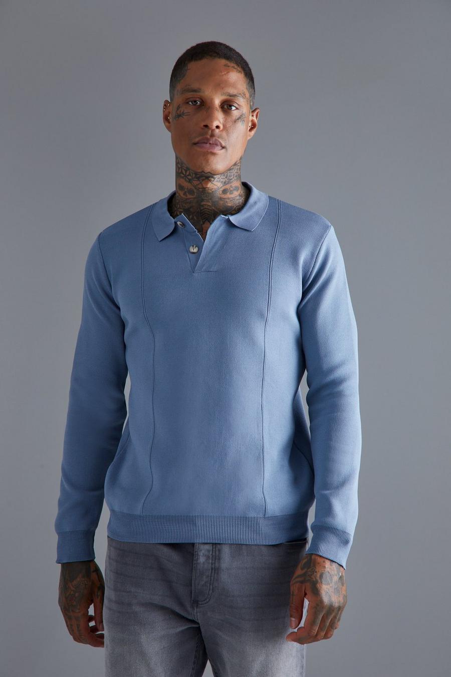 Pale blue Smart Seam Knitted Long Sleeve Concealed Placket Polo