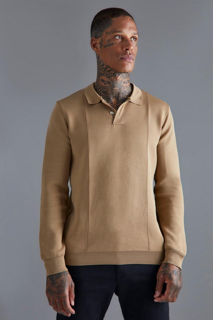 Stone beige Smart Seam Knitted Long Sleeve Concealed Placket Polo