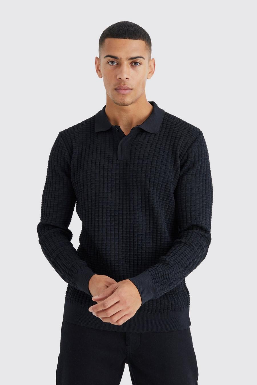 Black Popcorn Texture Concealed Placket Long Sleeve Polo