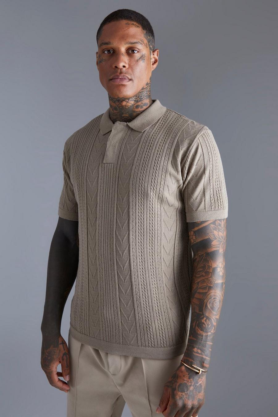 Taupe Mini Lightweight Striped Texture Knitted Polo image number 1