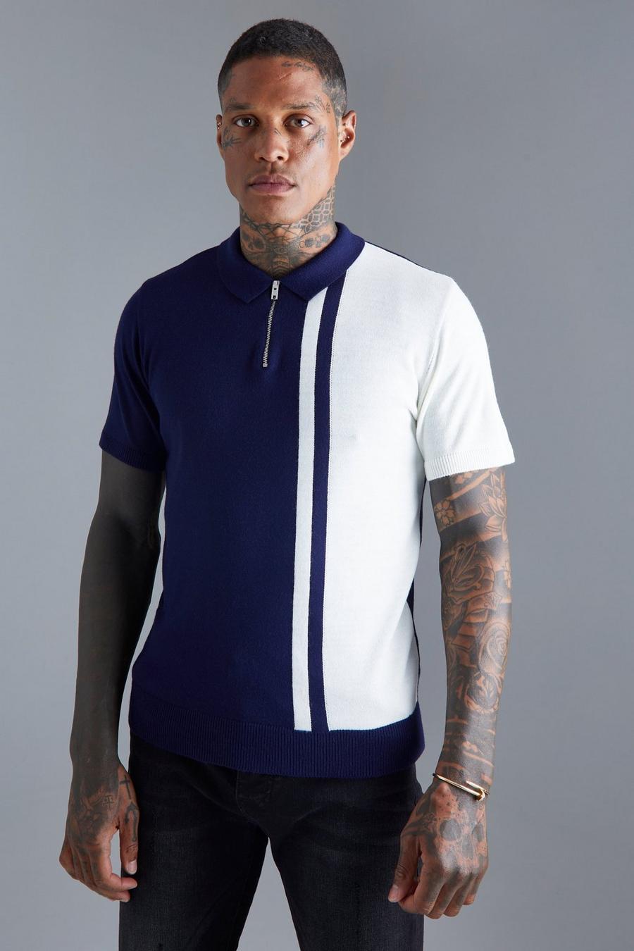 Navy Stripe Colourblock Knitted Polo image number 1