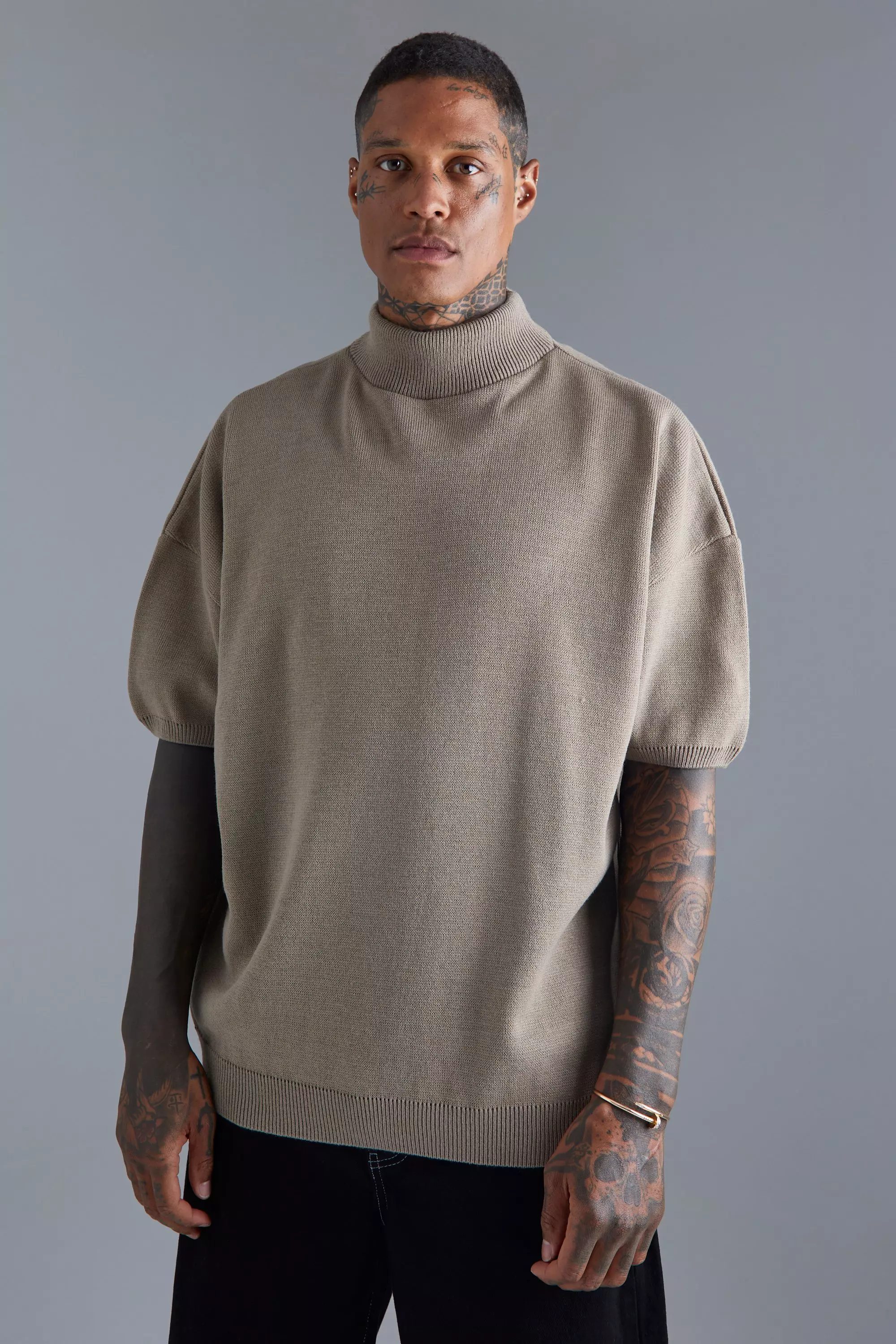 Oversized Drop Shoulder Mock Neck Knitted T-shirt