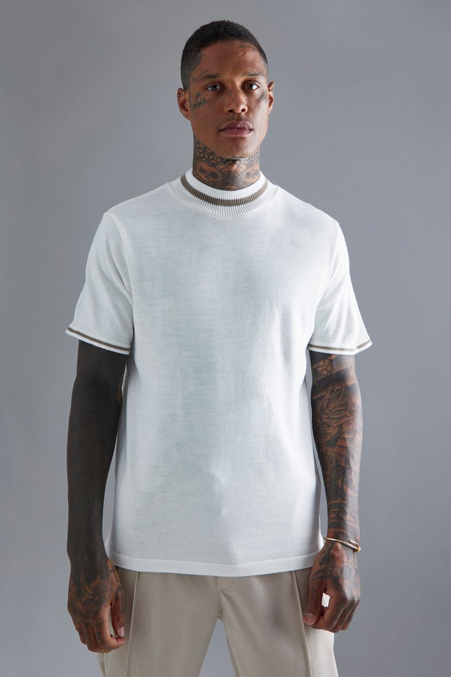 Ecru bianco Extended Neck Sport Rib Knitted T-shirt
