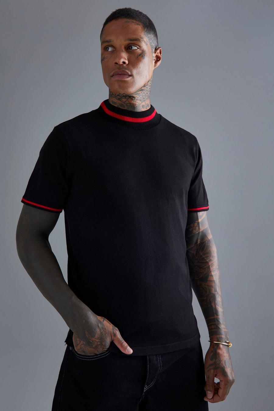 Camiseta de punto y canalé deportivo con cuello extendido, Black image number 1