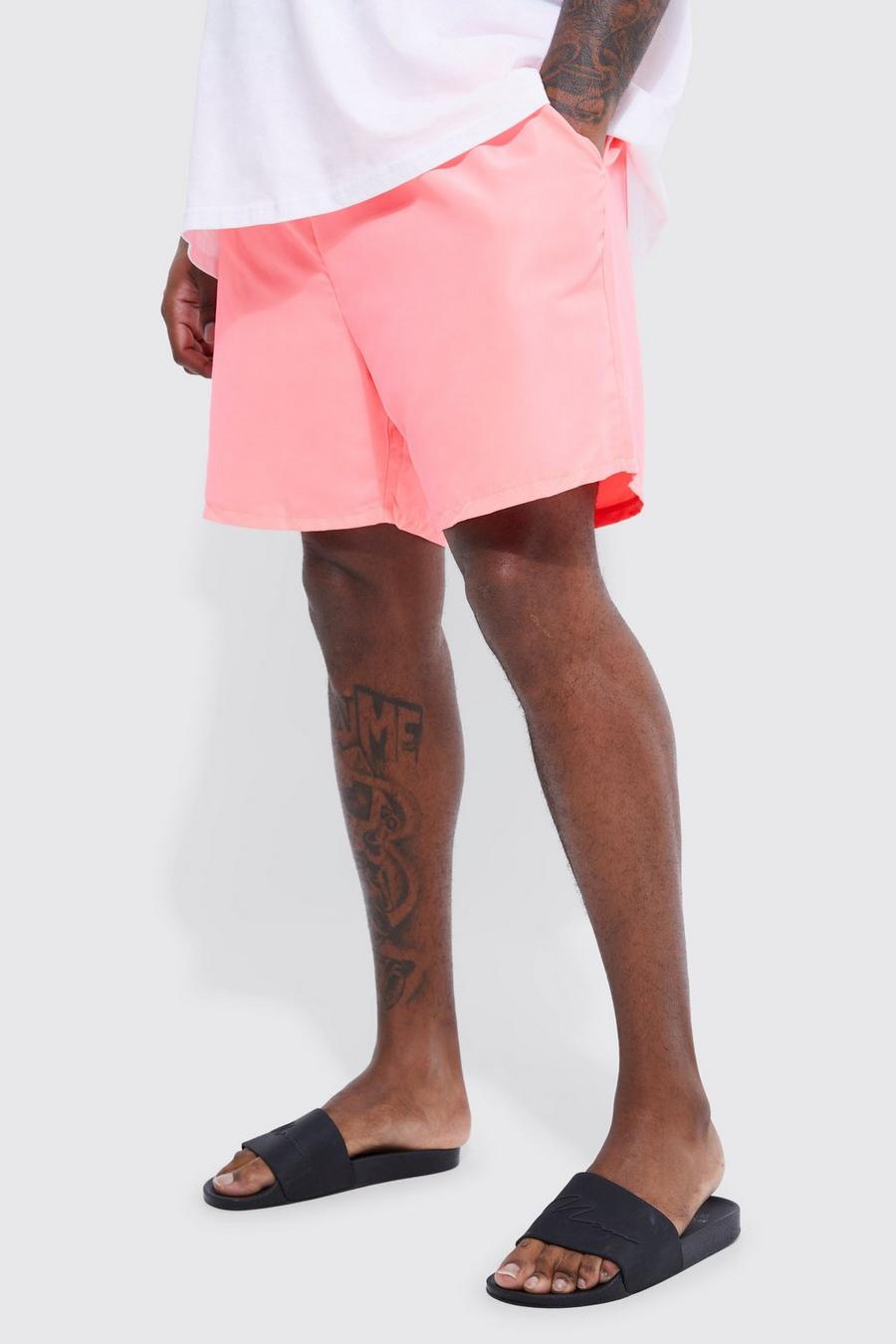 Neon-pink rosa Plus Mid Length Plain Swim Shorts   image number 1