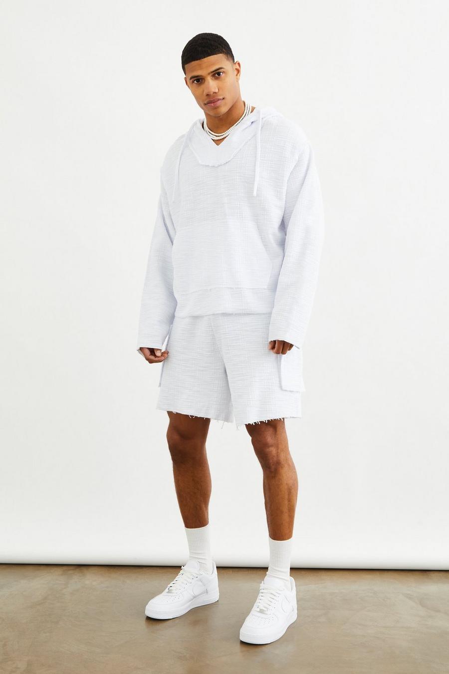 White Oversized Textured Hoodie And Short Set image number 1