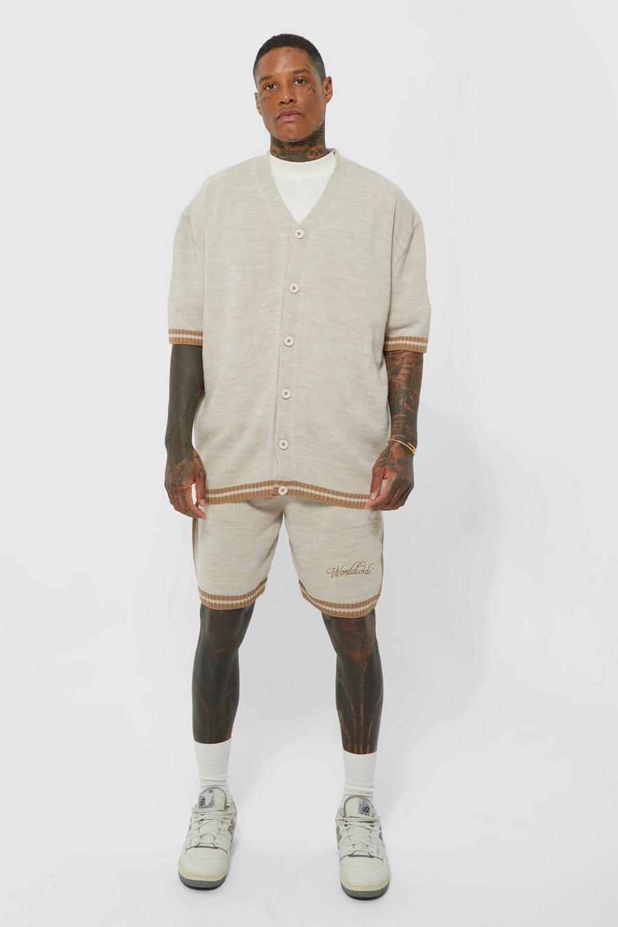 Stone beige Knitted Worldwide Baseball Shirt And Short Set