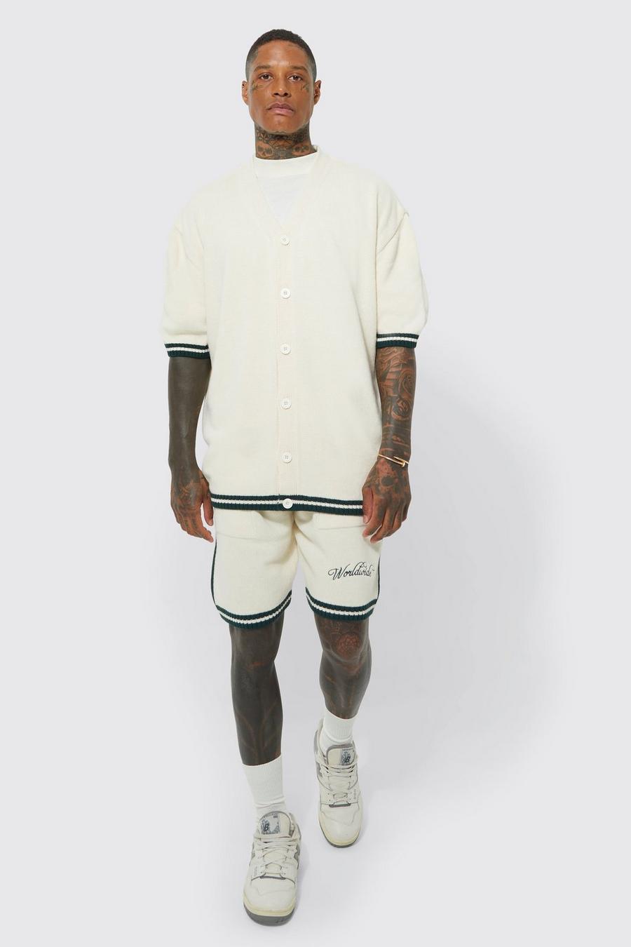 Ecru bianco Knitted Worldwide Baseball Shirt And Short Set 
