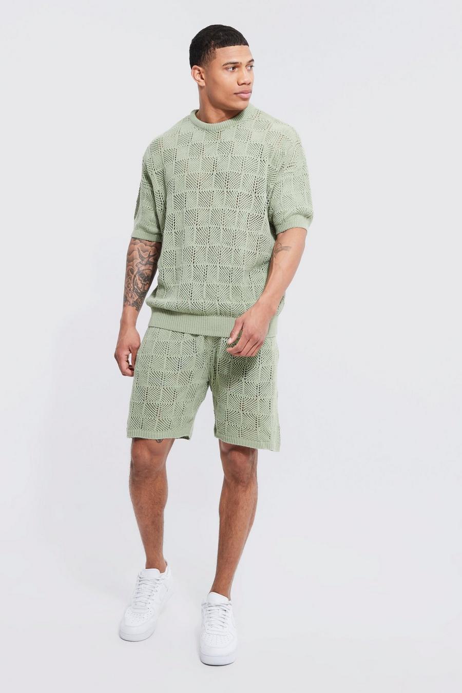 Conjunto de pantalón corto y camiseta oversize de punto texturizada con rombos, Green image number 1