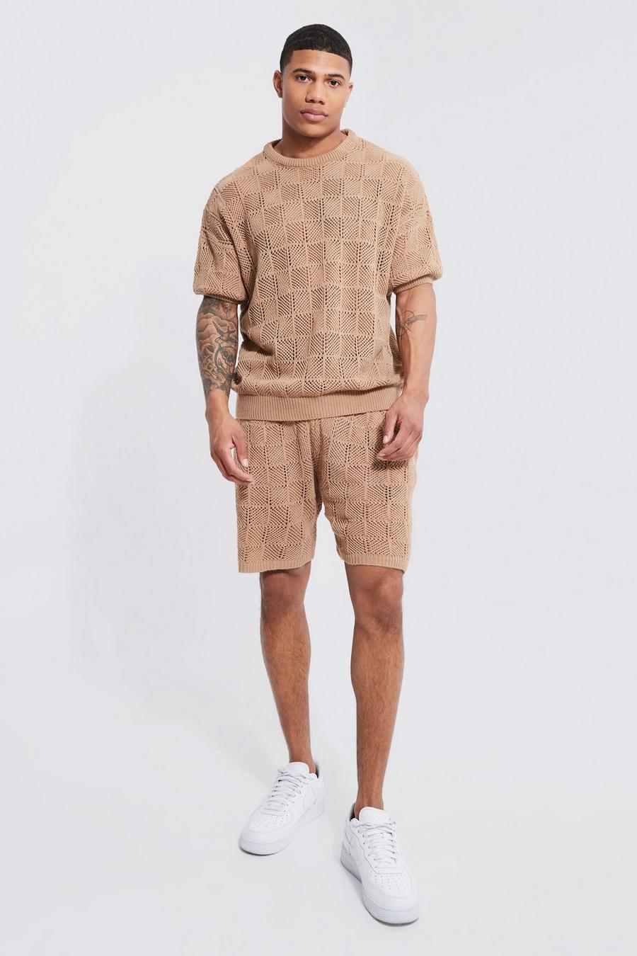 Stone beige Knitted Diamond Textured Oversized T-shirt And Short Set 