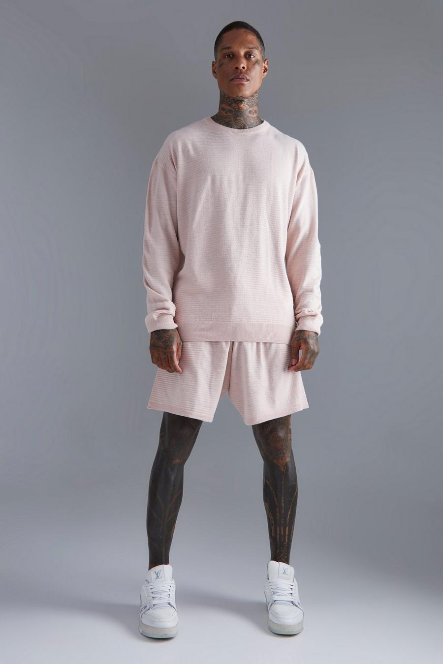 Set maglione oversize in maglia a coste fini & pantaloncini, Pale pink image number 1
