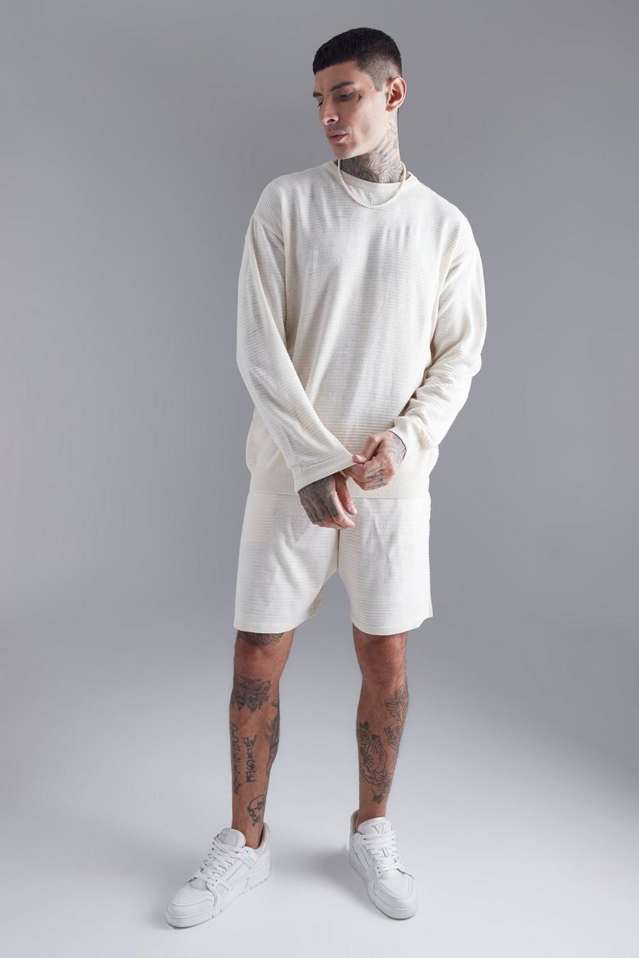 Ecru white Fine Knitted Rib Oversized Jumper And Short Set