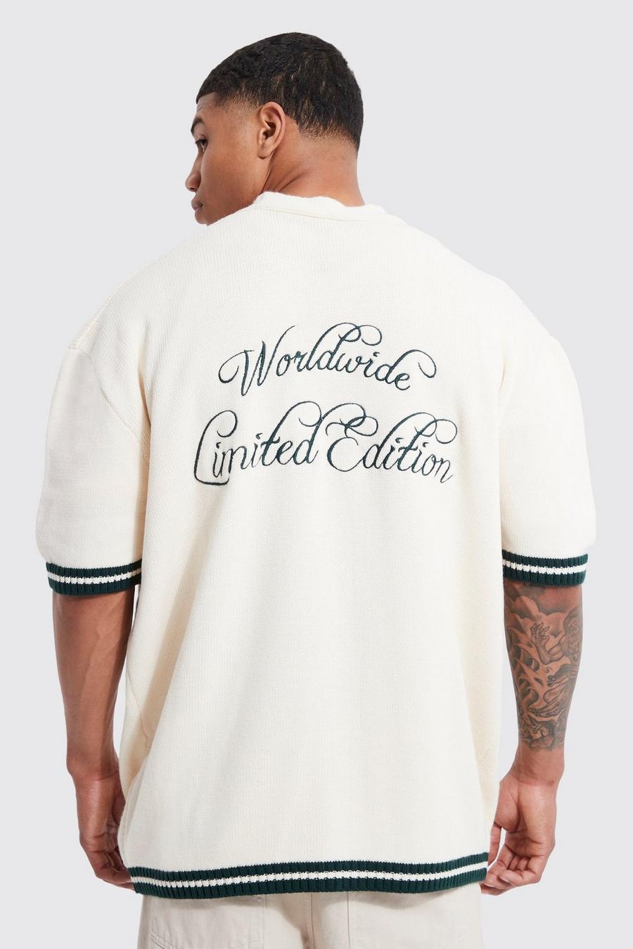 boohoo Men's Oversized Knitted Baseball Shirt - Cream