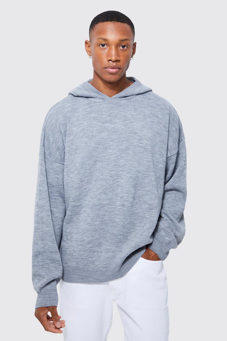Grey marl Brushed Boxy Dropped Shoulder Knitted Hoodie image number 1