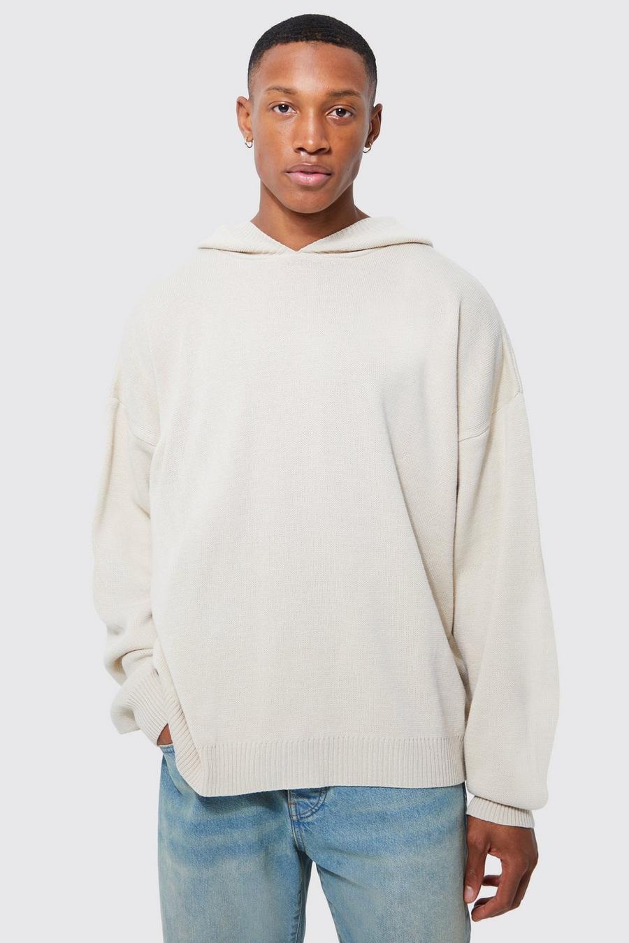 Stone beige Brushed Boxy Dropped Shoulder Knitted Hoodie