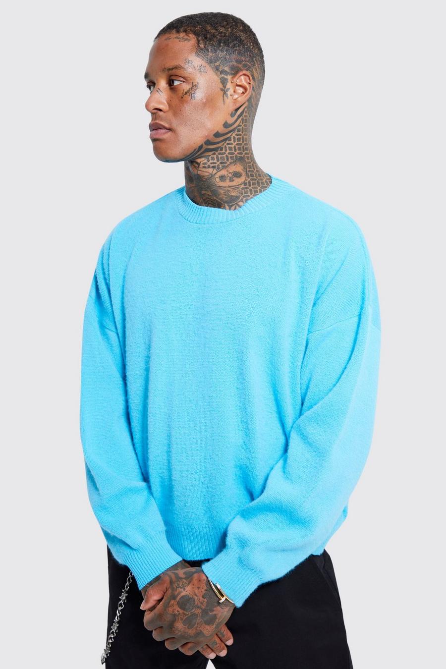 Pullover squadrato in maglia spazzolata con spalle scese, Aqua azul
