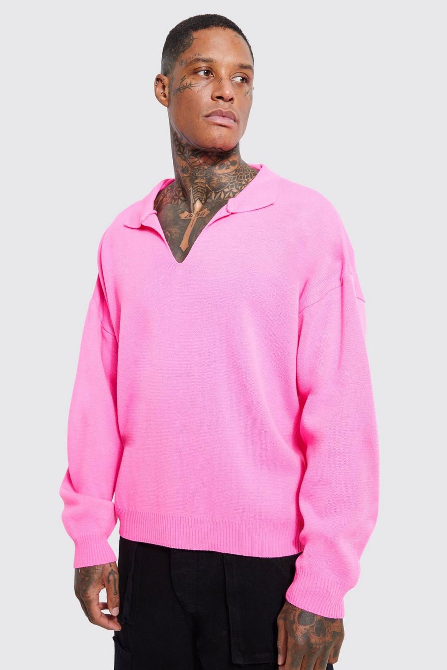Hot pink Boxy Dropped Shoulder Brushed Knitted Polo image number 1