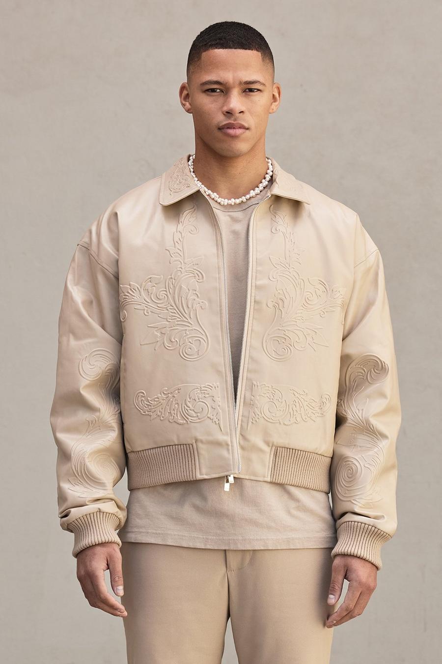 Man Boxy Debossed Pu Collared Bomber Jacket | boohoo Man Boxy Debossed Pu Collared Bomber Jacket | boohoo