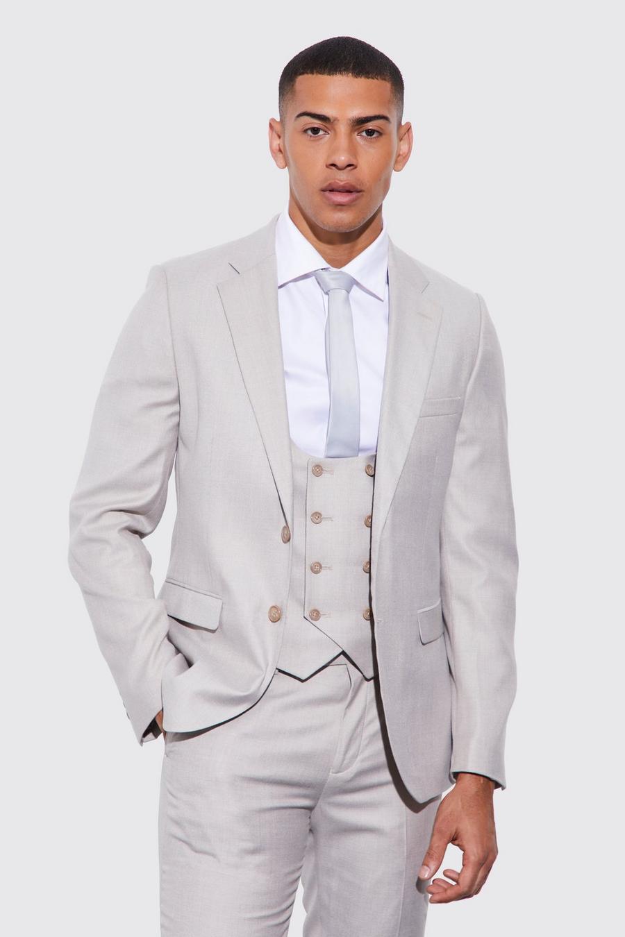 Taupe Skinny Single Breasted Textured Suit Jacket image number 1