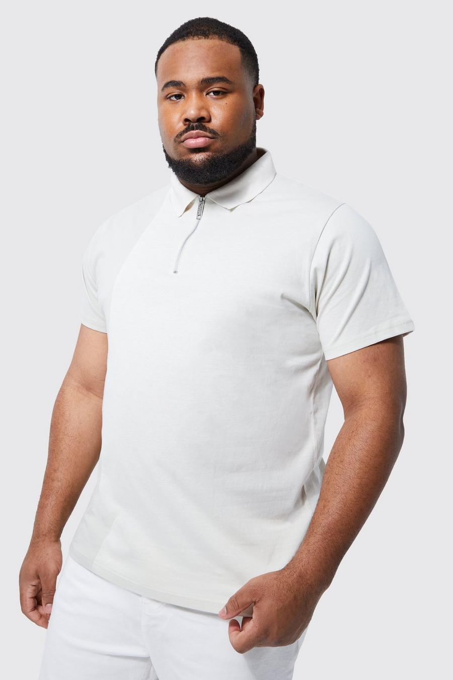 Grey Plus Slim Zip Polo With Contrast Panel image number 1