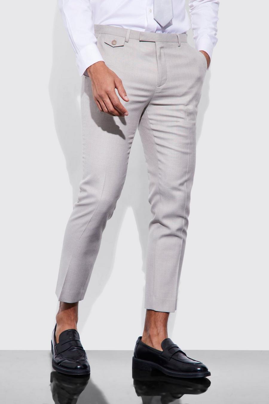 Taupe beige Skinny Pleat Front Textured Suit Trousers