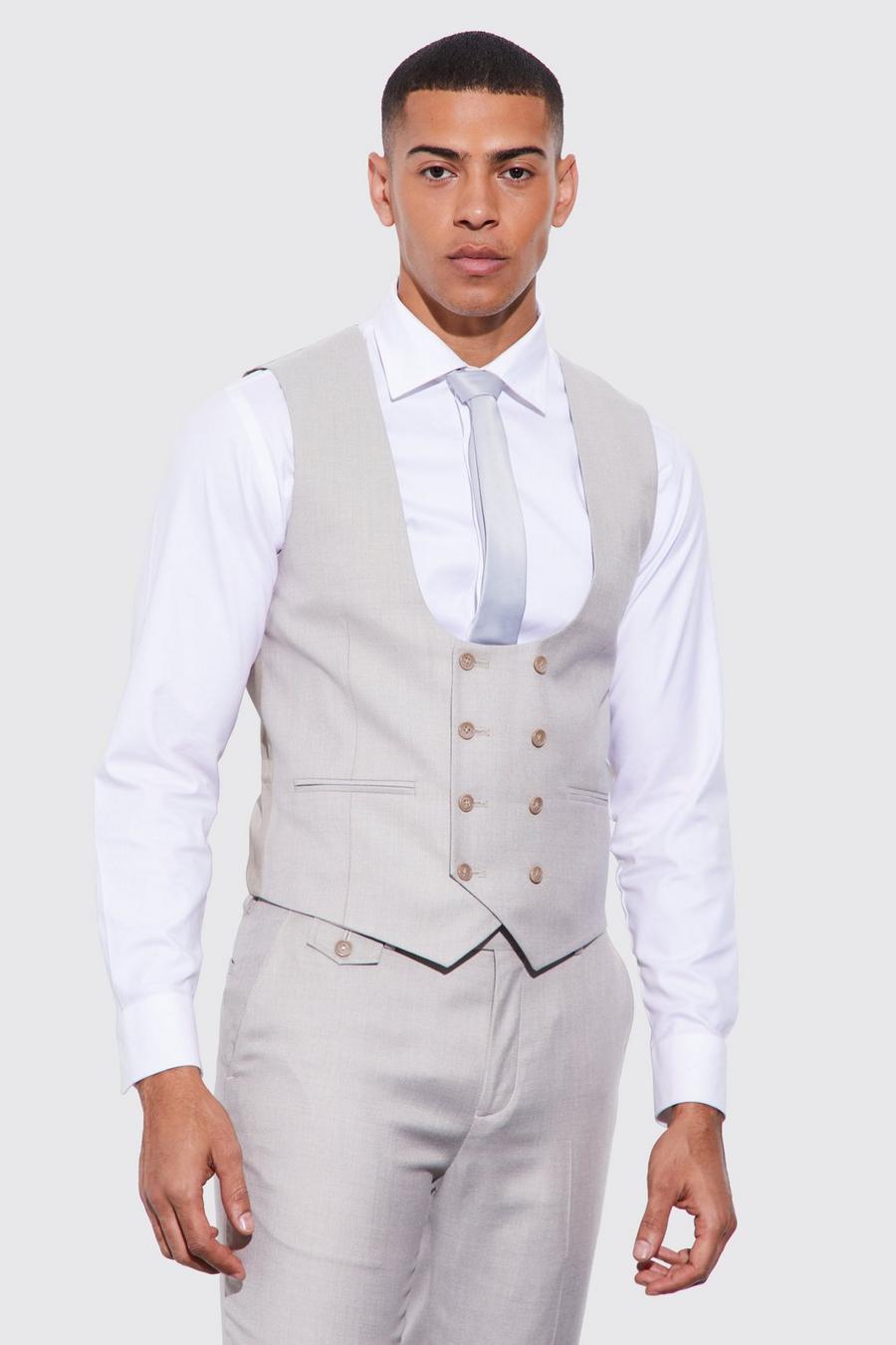 Taupe beige Skinny Double Breasted Textured Waistcoat