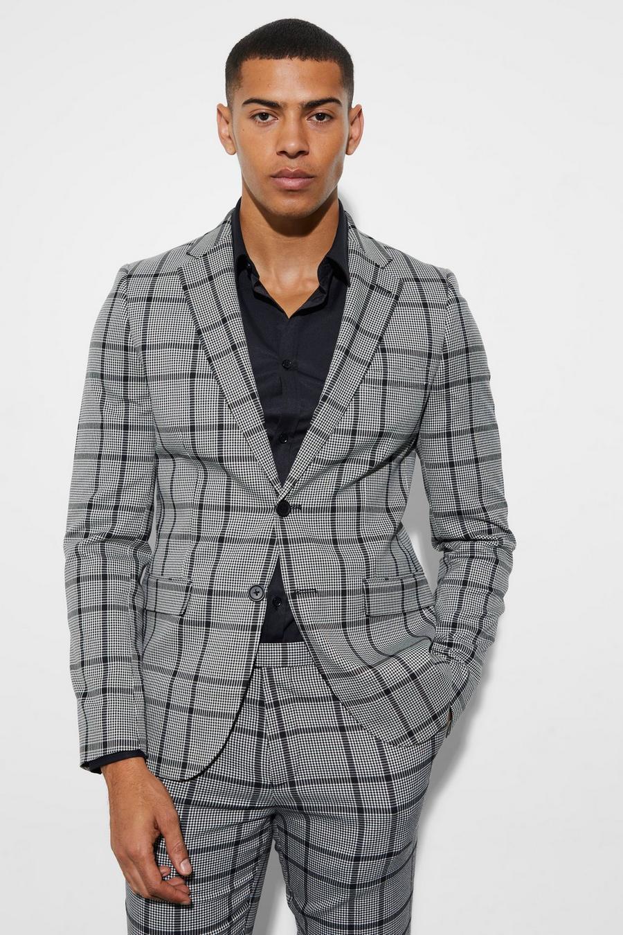 Black nero Skinny Fit Single Breasted Check Suit Jacket