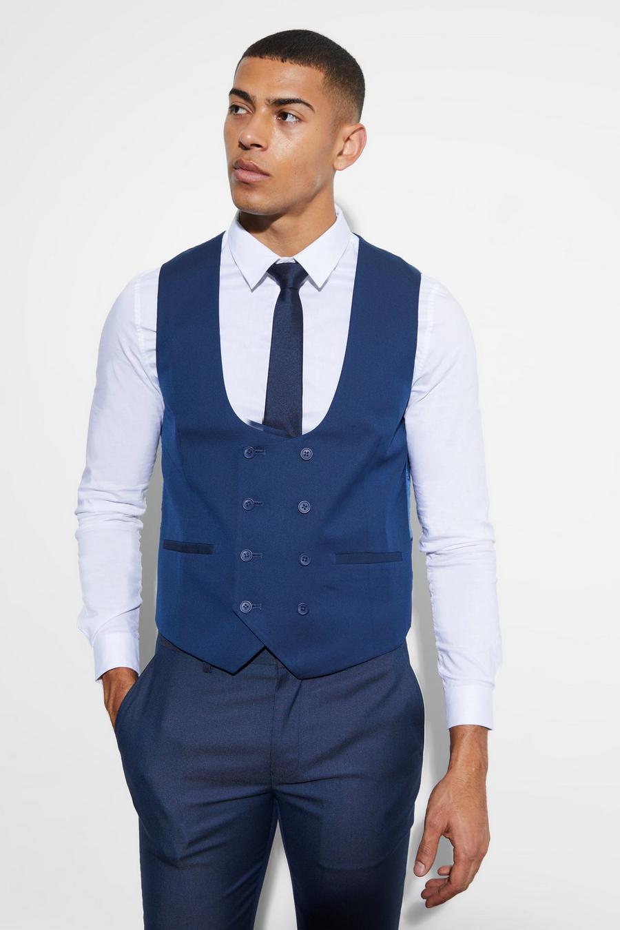 Navy Slim Double Breasted Plain Waistcoat image number 1